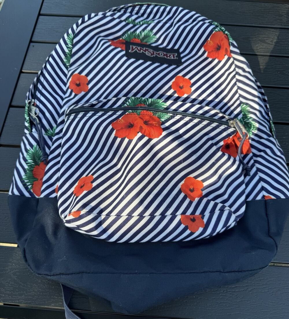 Jansport Backpack Tropical Flowers Bag Black White Stripes Navy Blue School Bag